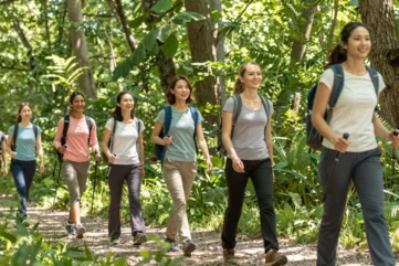 Hiking Trousers for Ladies That Don't Feel Like Canvas Sacks 18 A group of happy women wearing hiking trousers for ladies, enjoying a day out in nature.