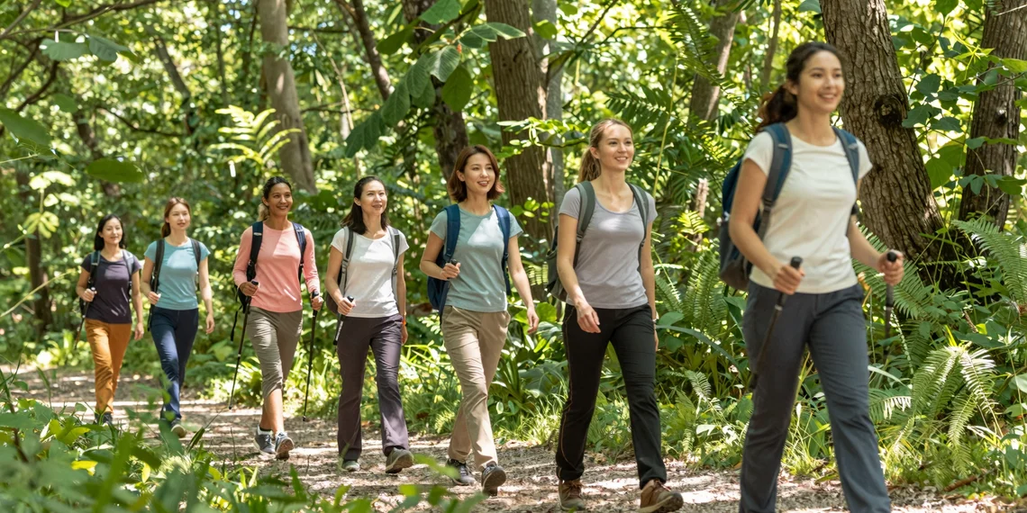 Hiking Trousers for Ladies That Don't Feel Like Canvas Sacks 4 A group of happy women wearing hiking trousers for ladies, enjoying a day out in nature.