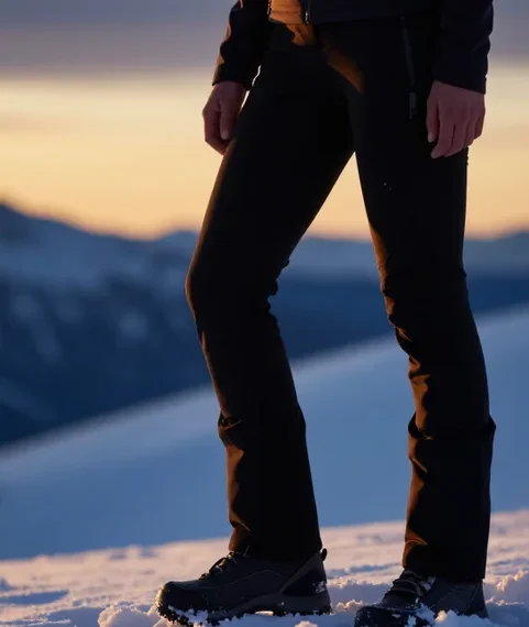 Best women's fleece lined hiking pants 2025 waterproof and warm worn by hiker on snowy mountain.