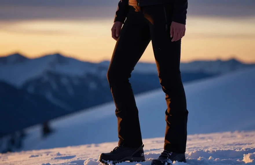 Best women's fleece lined hiking pants 2025 waterproof and warm worn by hiker on snowy mountain.