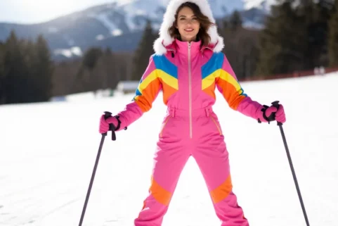 The Best Women's Ski Suits Guide for 2026: Style, Warmth & Affordable Alternatives 4 Woman wearing pink retro one piece ski suit on snowy mountain slope