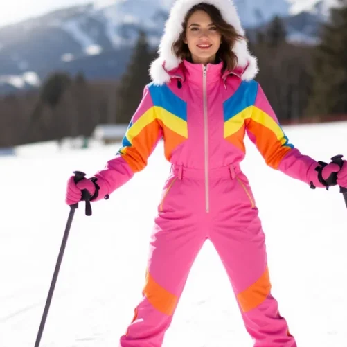 The Best Women's Ski Suits Guide for 2026: Style, Warmth & Affordable Alternatives 33 Woman wearing pink retro one piece ski suit on snowy mountain slope