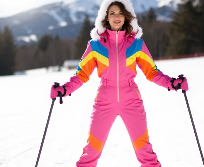The Best Women's Ski Suits Guide for 2026: Style, Warmth & Affordable Alternatives 4 Woman wearing pink retro one piece ski suit on snowy mountain slope