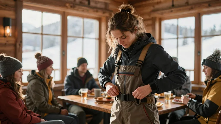 a woman adjusting her ski bib straps at a cozy mountain lodge