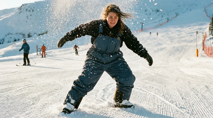 Woman experiencing an awkward moment in poorly fitting snow pants.