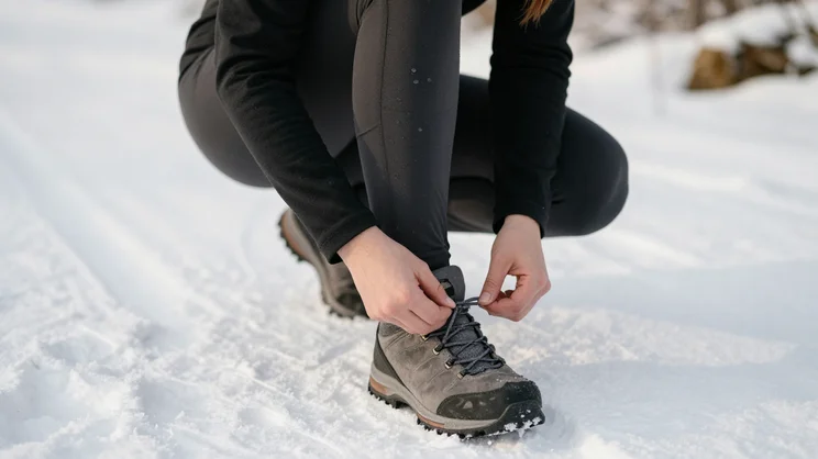 Woman wearing thermal pants for snow with articulated knees crouching down to tie boot on hiking trail.
