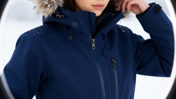Close up waterproof insulated ski suit showing technical features and fur hood